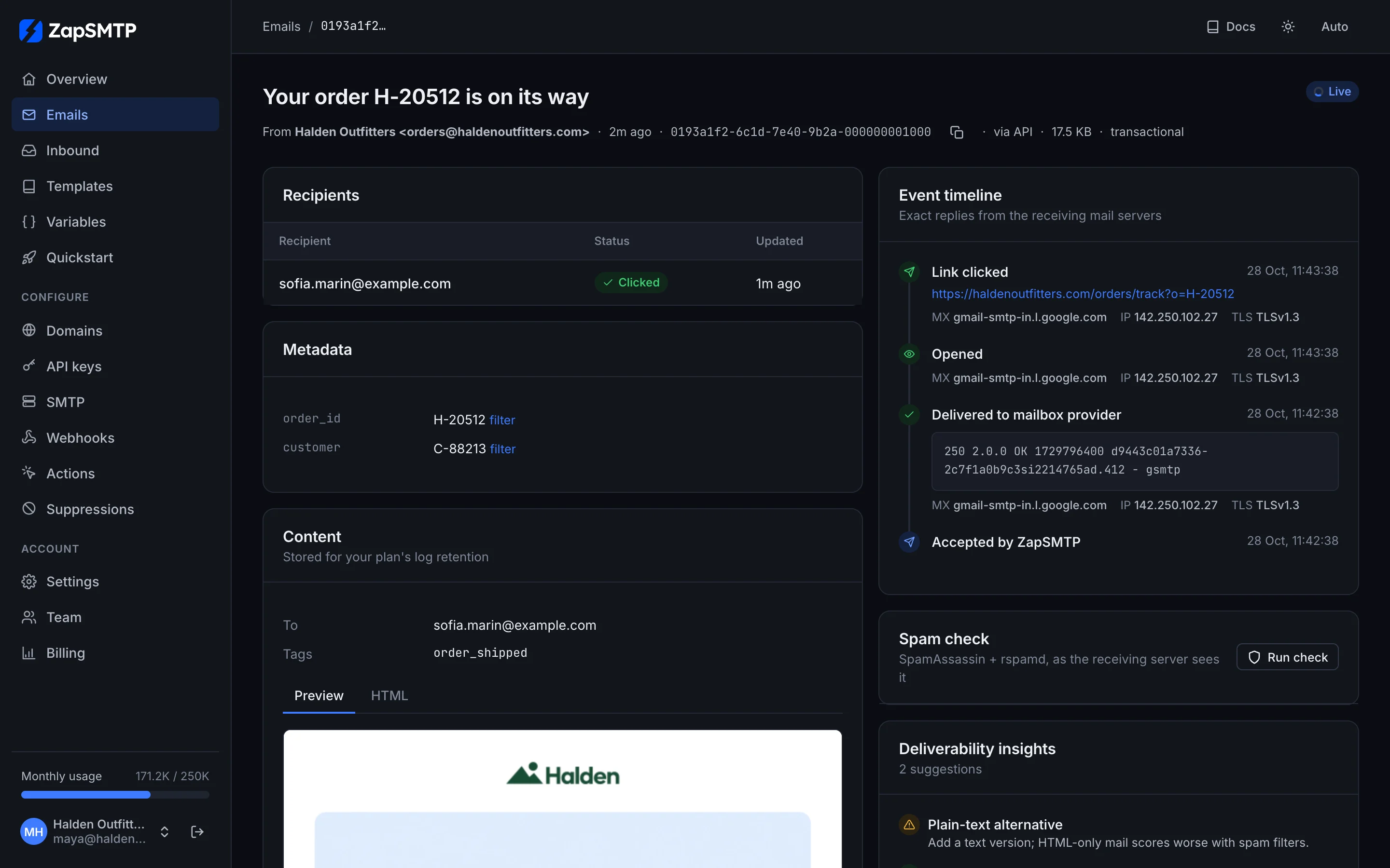 One email in the dashboard: each recipient’s status and the event timeline with the receiving server’s reply, MX host, IP and TLS version