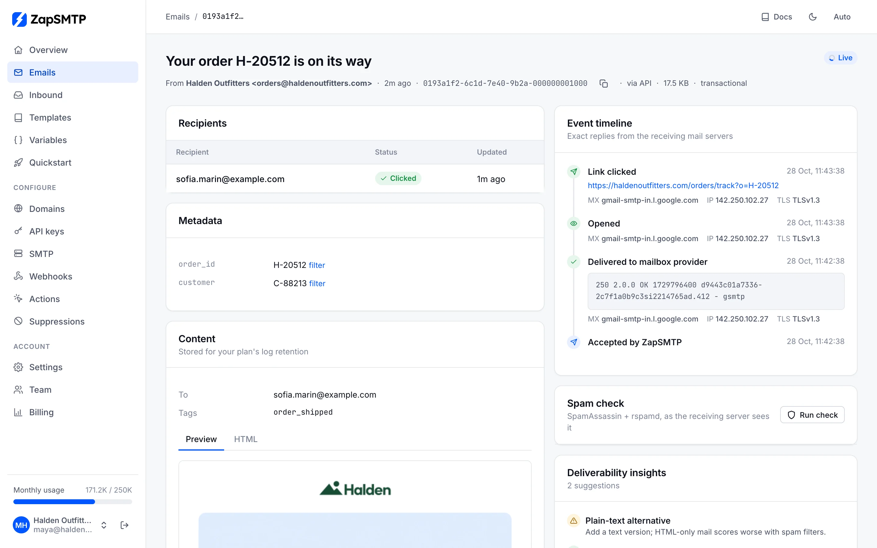 One email in the dashboard: each recipient’s status and the event timeline with the receiving server’s reply, MX host, IP and TLS version