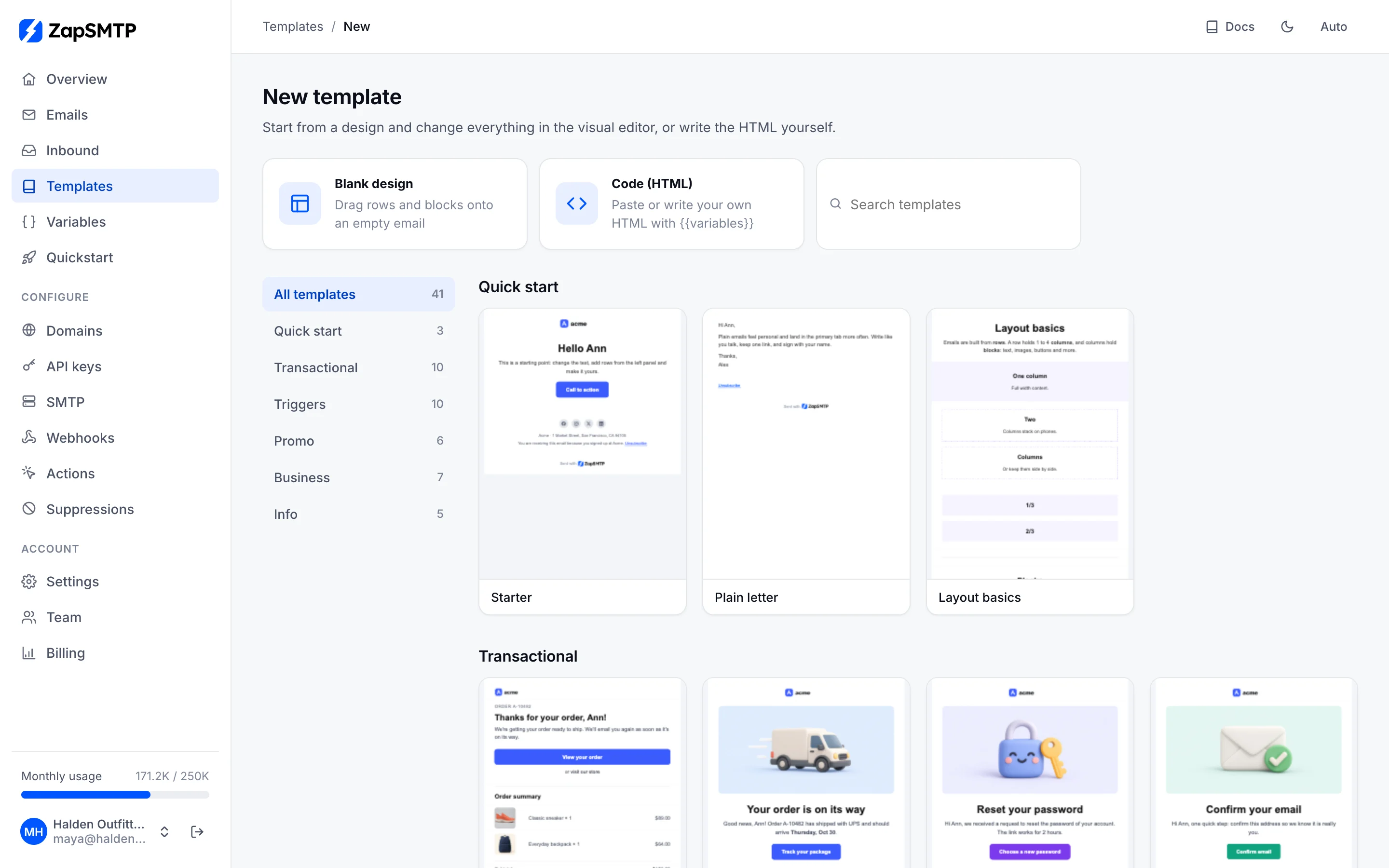 The template gallery with categories Quick start, Transactional, Triggers, Promo, Business and Info, and live previews of each design