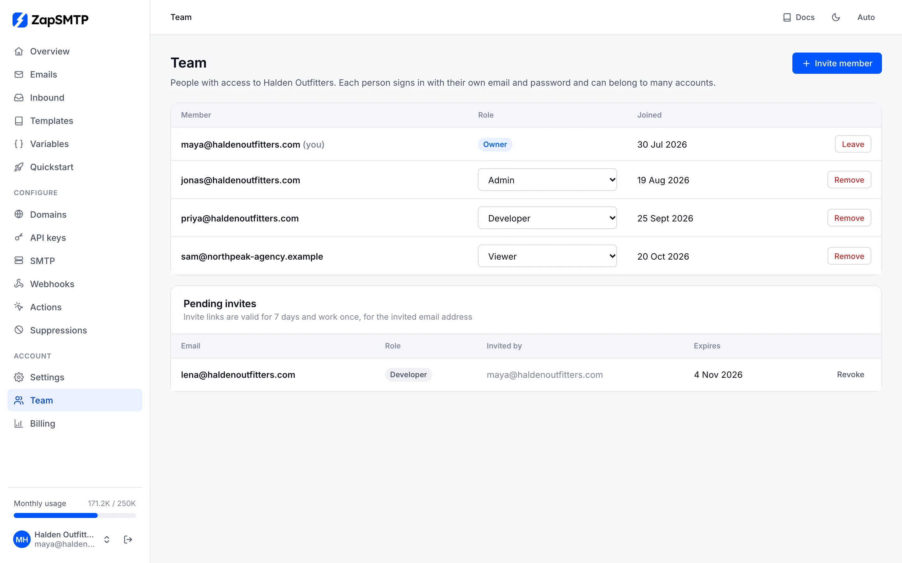 The Team page: an owner, an admin, a developer and an agency viewer, with a pending invite