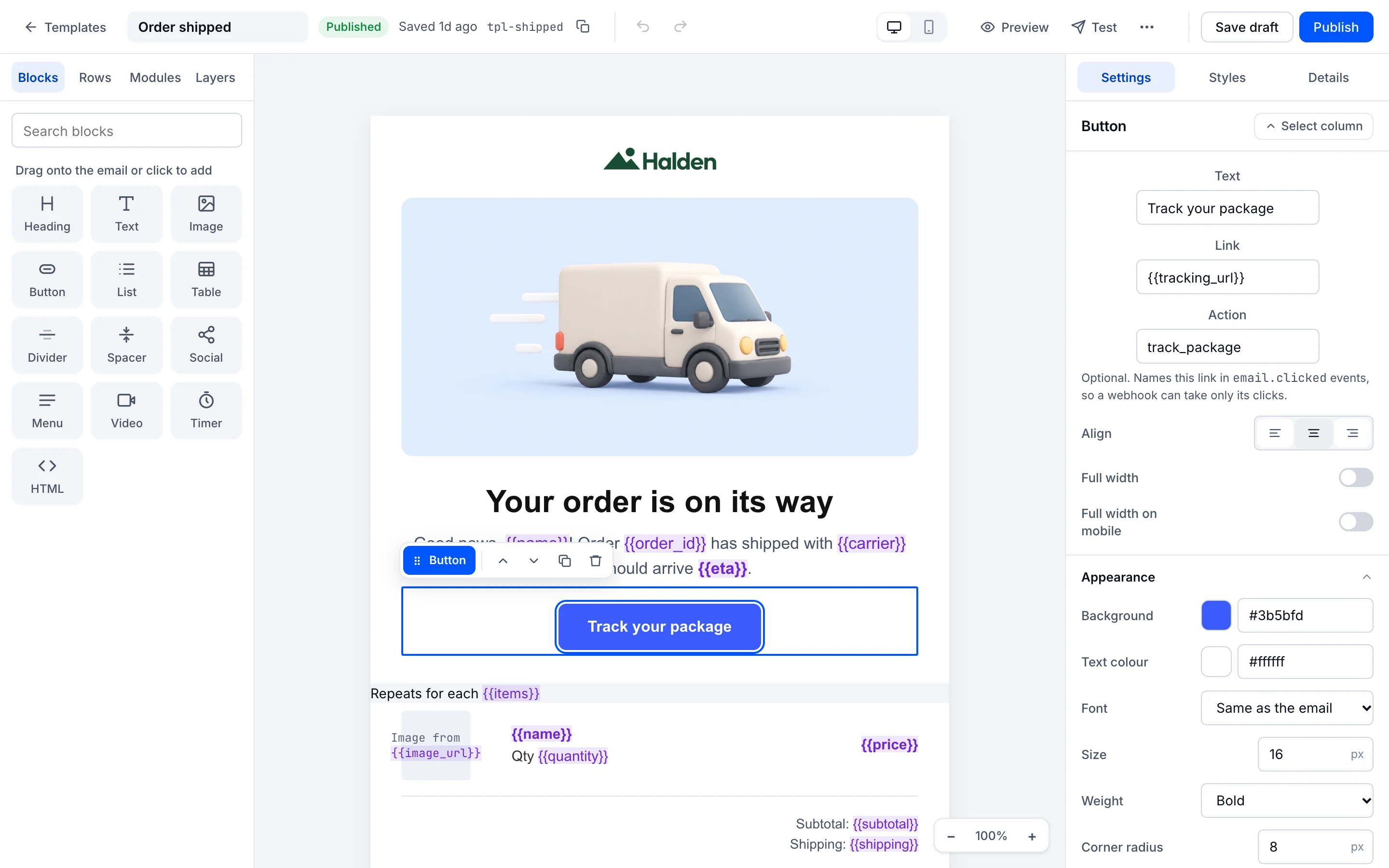 The visual editor: a palette of blocks on the left, an order-shipped email in the middle, and the selected button's settings on the right