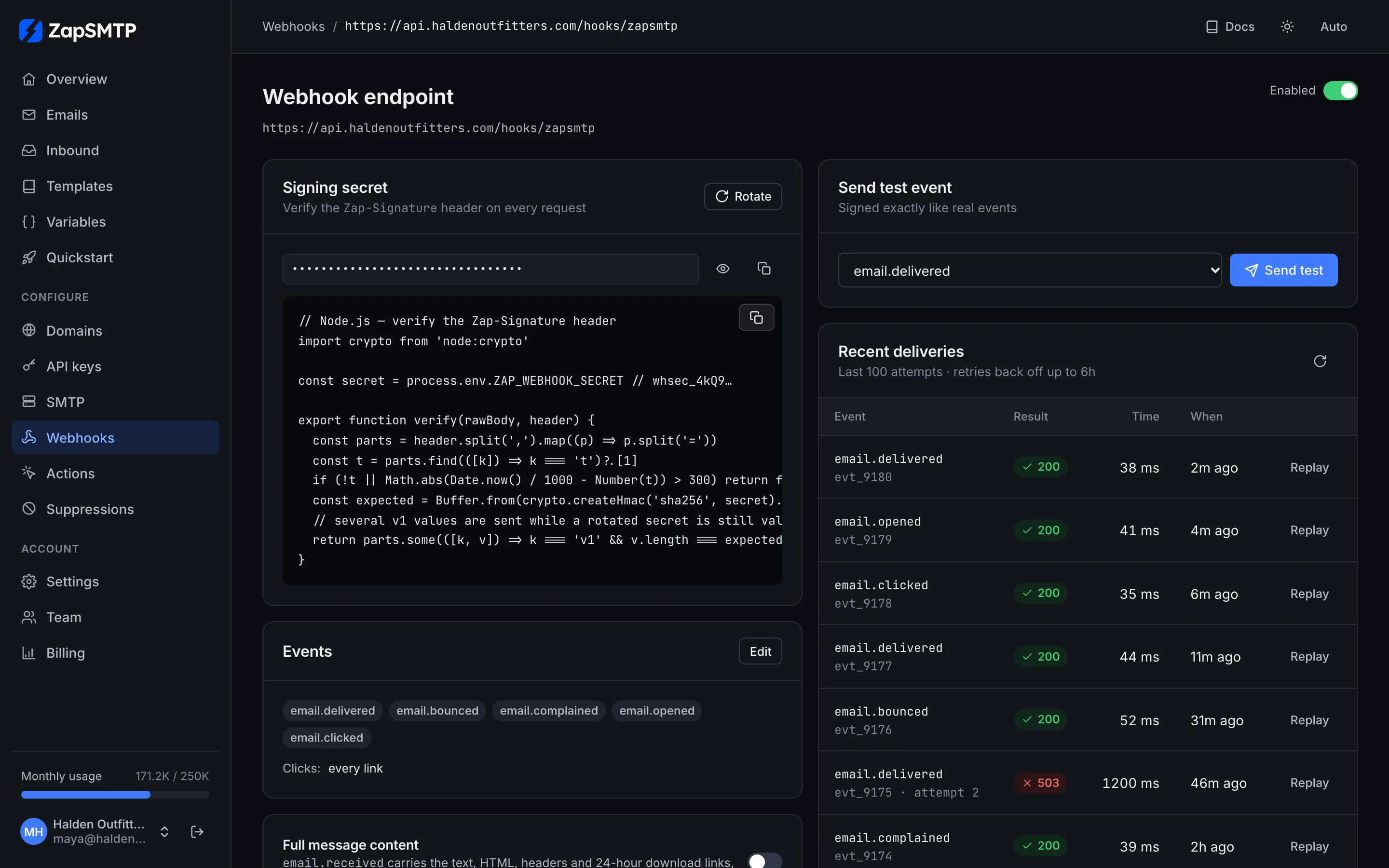 A webhook endpoint with its signing secret, a send-test-event form and recent deliveries with HTTP status codes and timings