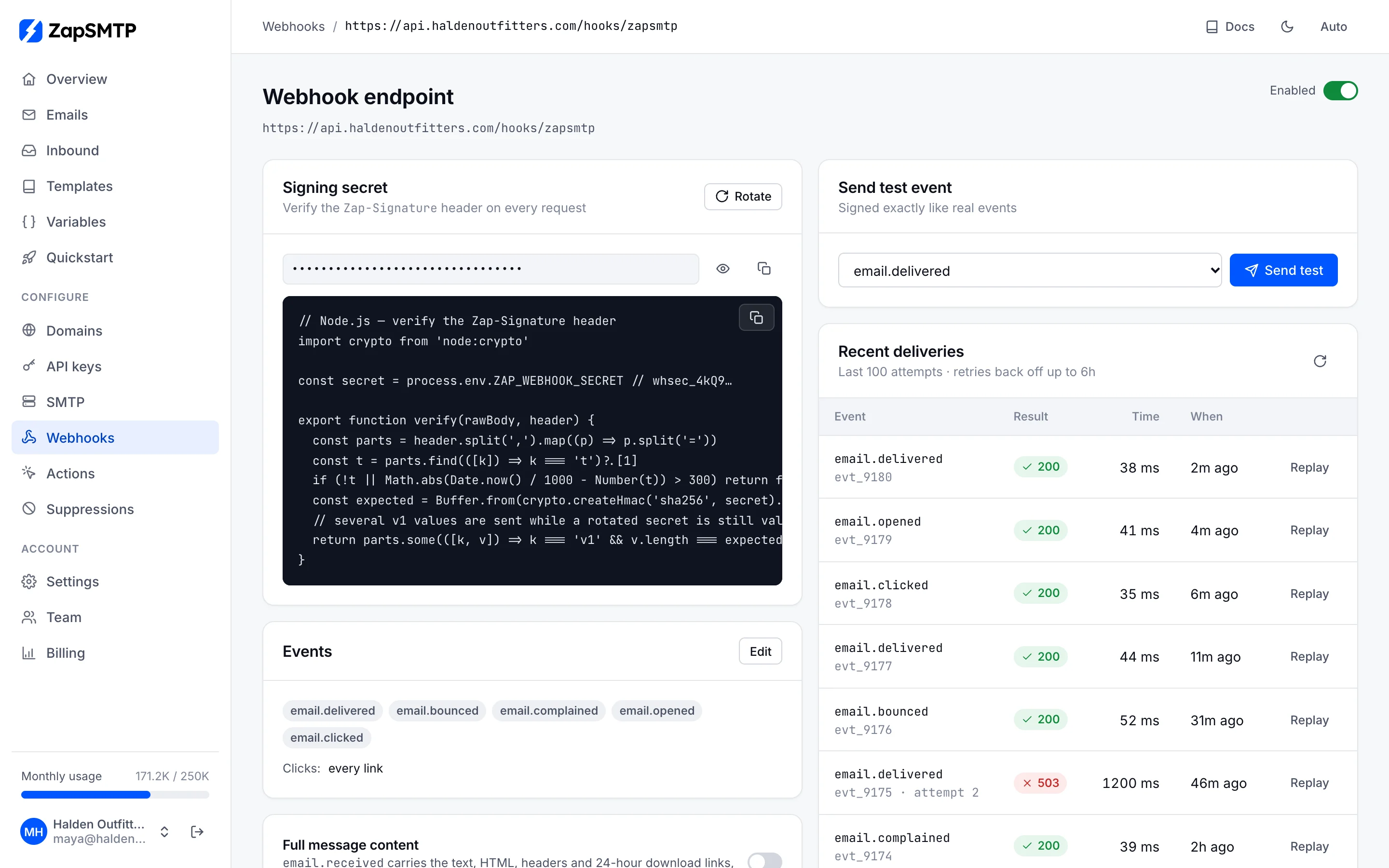 A webhook endpoint with its signing secret, a send-test-event form and recent deliveries with HTTP status codes and timings