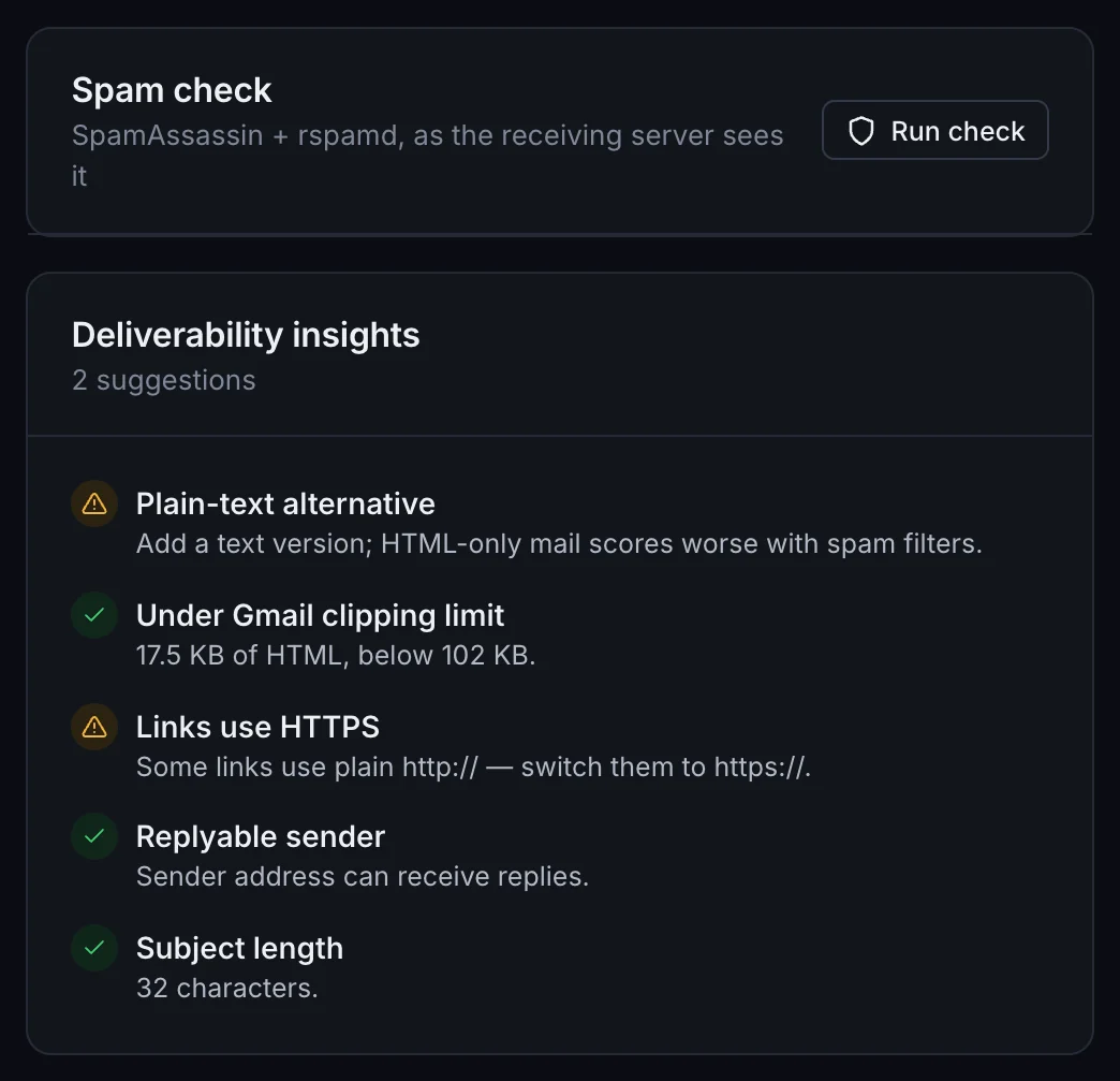 A spam check and deliverability insights for Halden’s shipping email: a plain-text version suggested, under Gmail’s clipping limit, HTTPS links, a replyable sender.