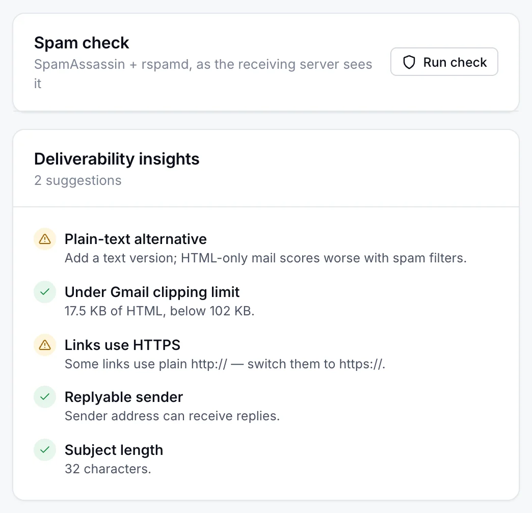 A spam check and deliverability insights for Halden’s shipping email: a plain-text version suggested, under Gmail’s clipping limit, HTTPS links, a replyable sender.