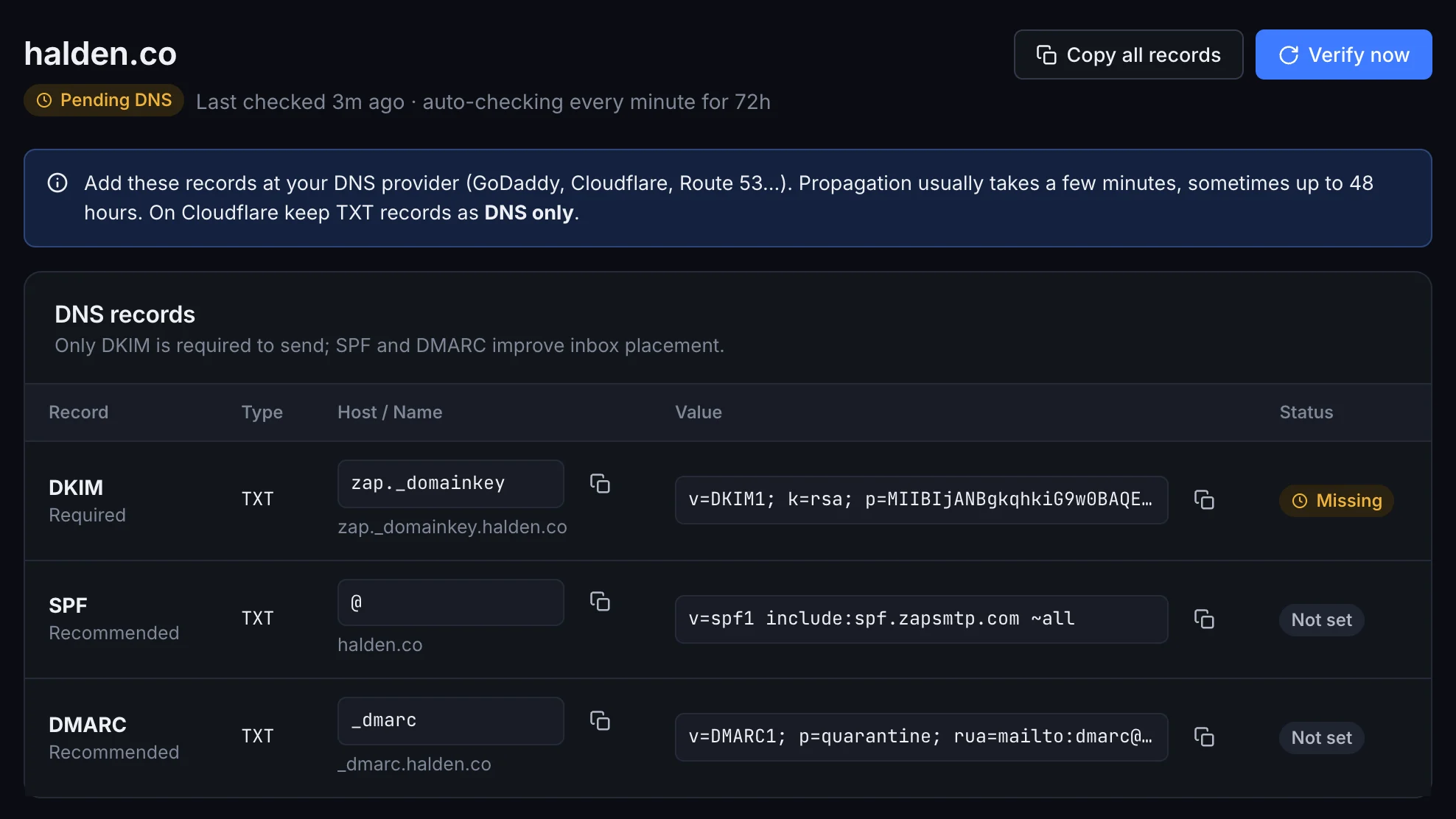 A domain being set up in ZapSMTP: the DNS records to add, each with its status.