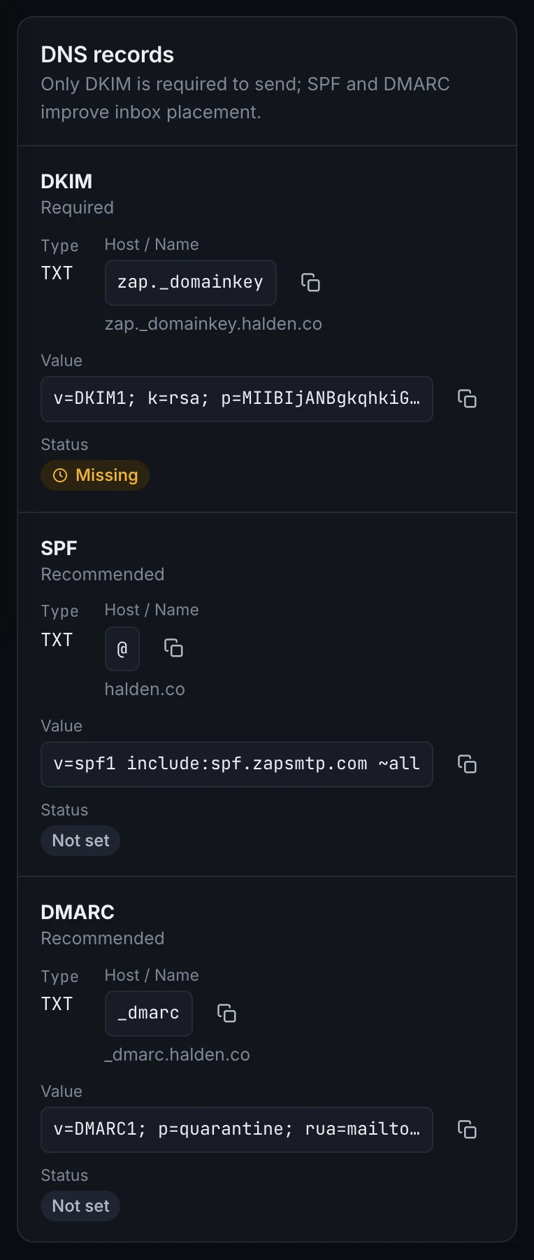 The DNS records to add for a new domain, on a phone.