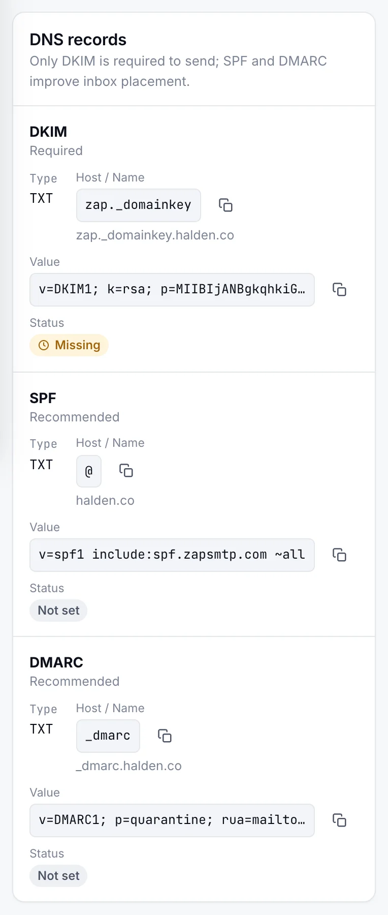 The DNS records to add for a new domain, on a phone.