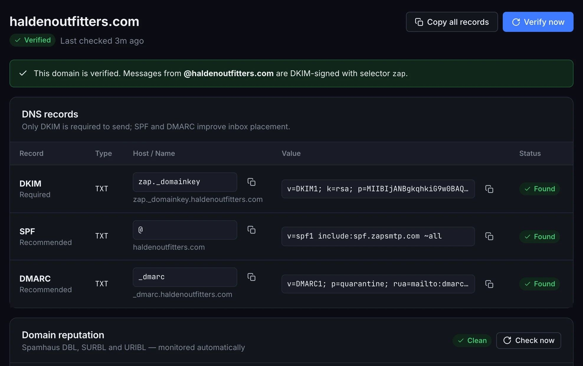 haldenoutfitters.com in ZapSMTP: verified, DKIM, SPF and DMARC records found, and a clean domain reputation.