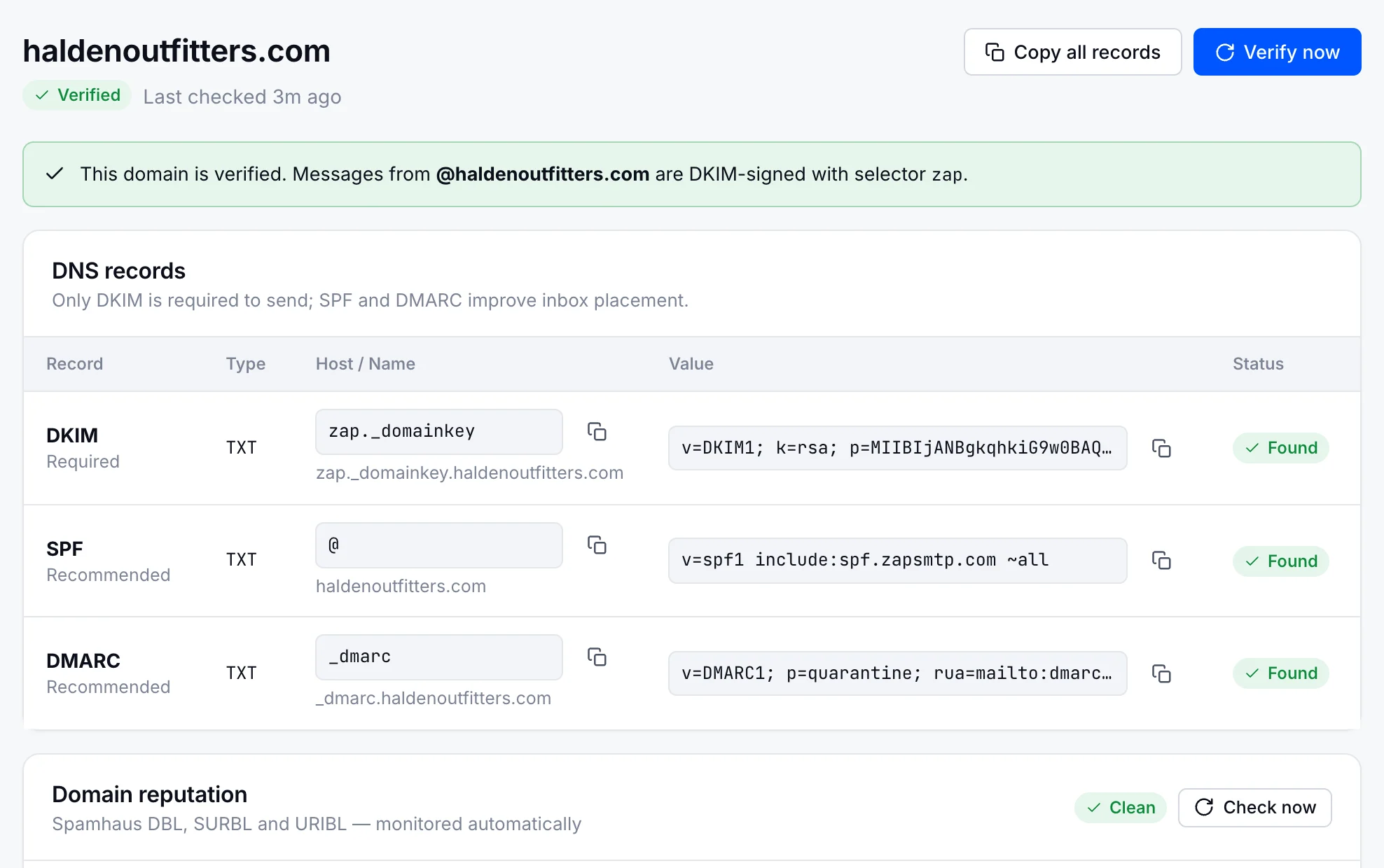 haldenoutfitters.com in ZapSMTP: verified, DKIM, SPF and DMARC records found, and a clean domain reputation.