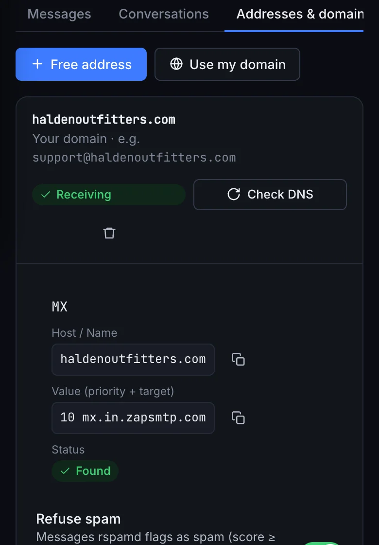 haldenoutfitters.com receiving in ZapSMTP on a phone: its MX record found.