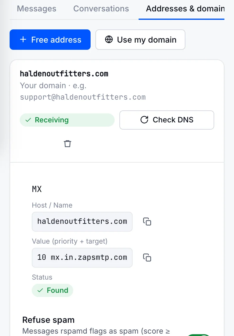 haldenoutfitters.com receiving in ZapSMTP on a phone: its MX record found.