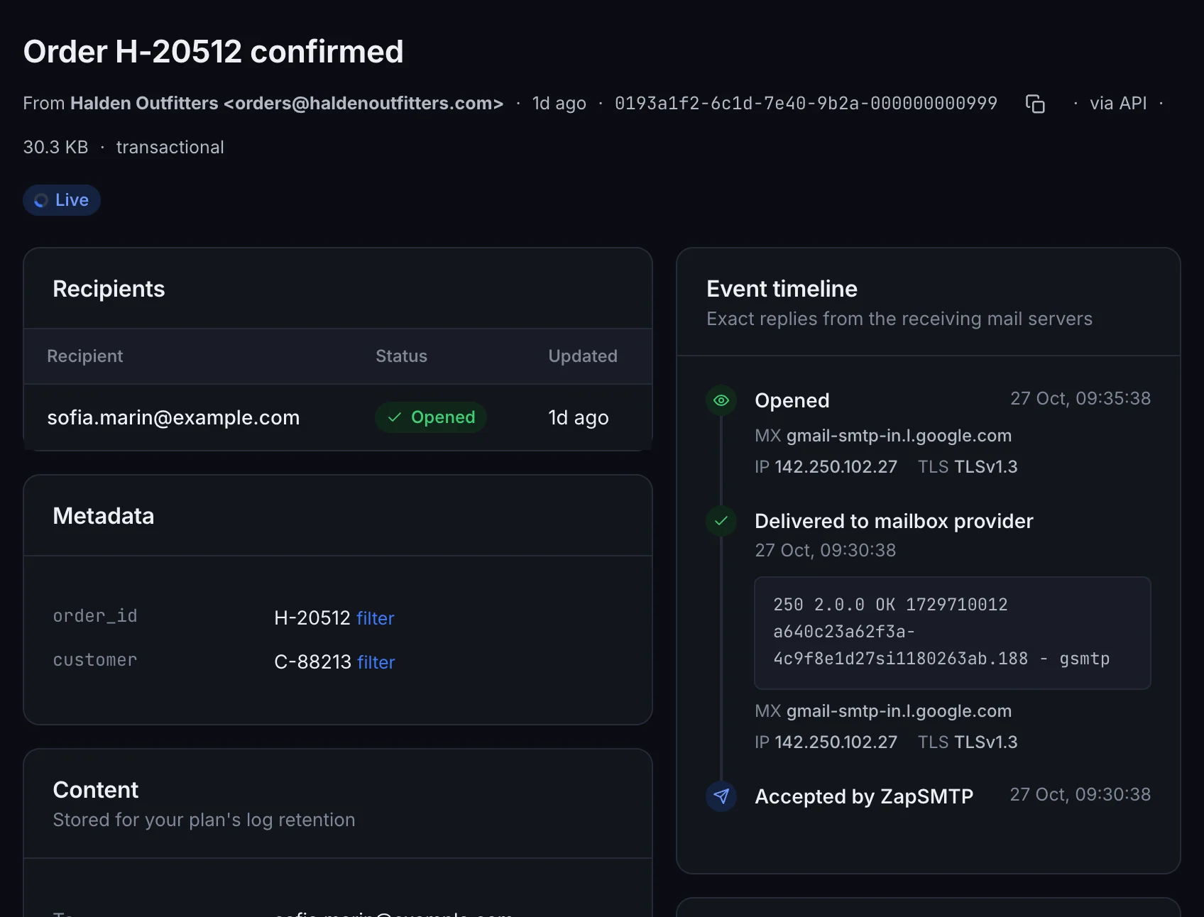 The ZapSMTP email log entry for “Order H-20512 confirmed” to sofia.marin@example.com: status Opened, metadata order_id H-20512, and an event timeline from Accepted by ZapSMTP to Delivered to mailbox provider and Opened.