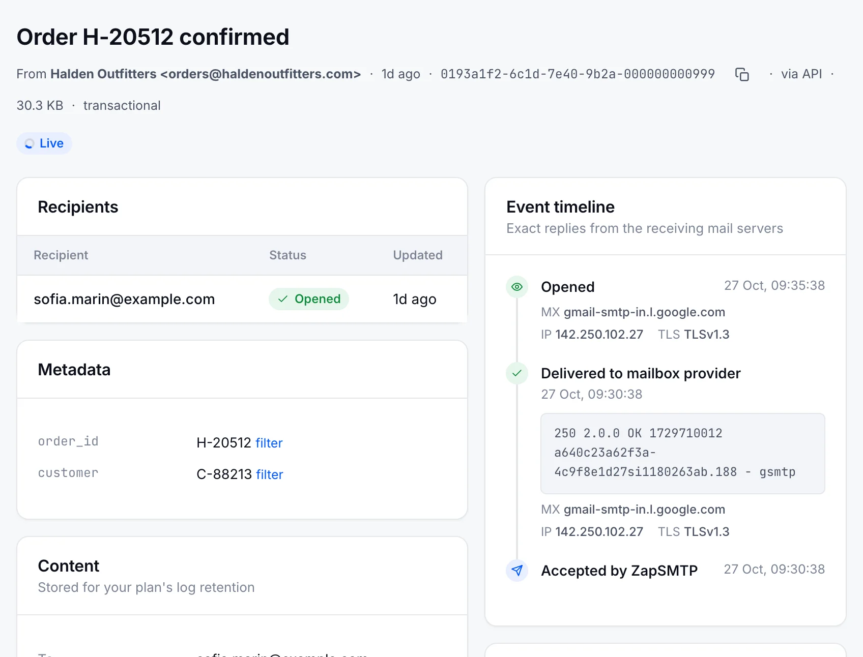 The ZapSMTP email log entry for “Order H-20512 confirmed” to sofia.marin@example.com: status Opened, metadata order_id H-20512, and an event timeline from Accepted by ZapSMTP to Delivered to mailbox provider and Opened.
