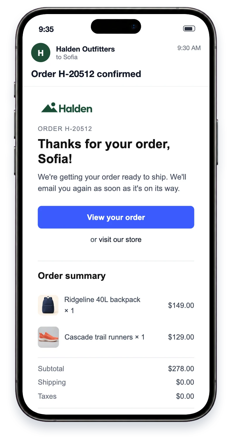 On a phone: Order H-20512 confirmed for Sofia: a Ridgeline 40L backpack ($149.00) and Cascade trail runners ($129.00), total $278.00, free shipping to Portland, with a View your order button.
