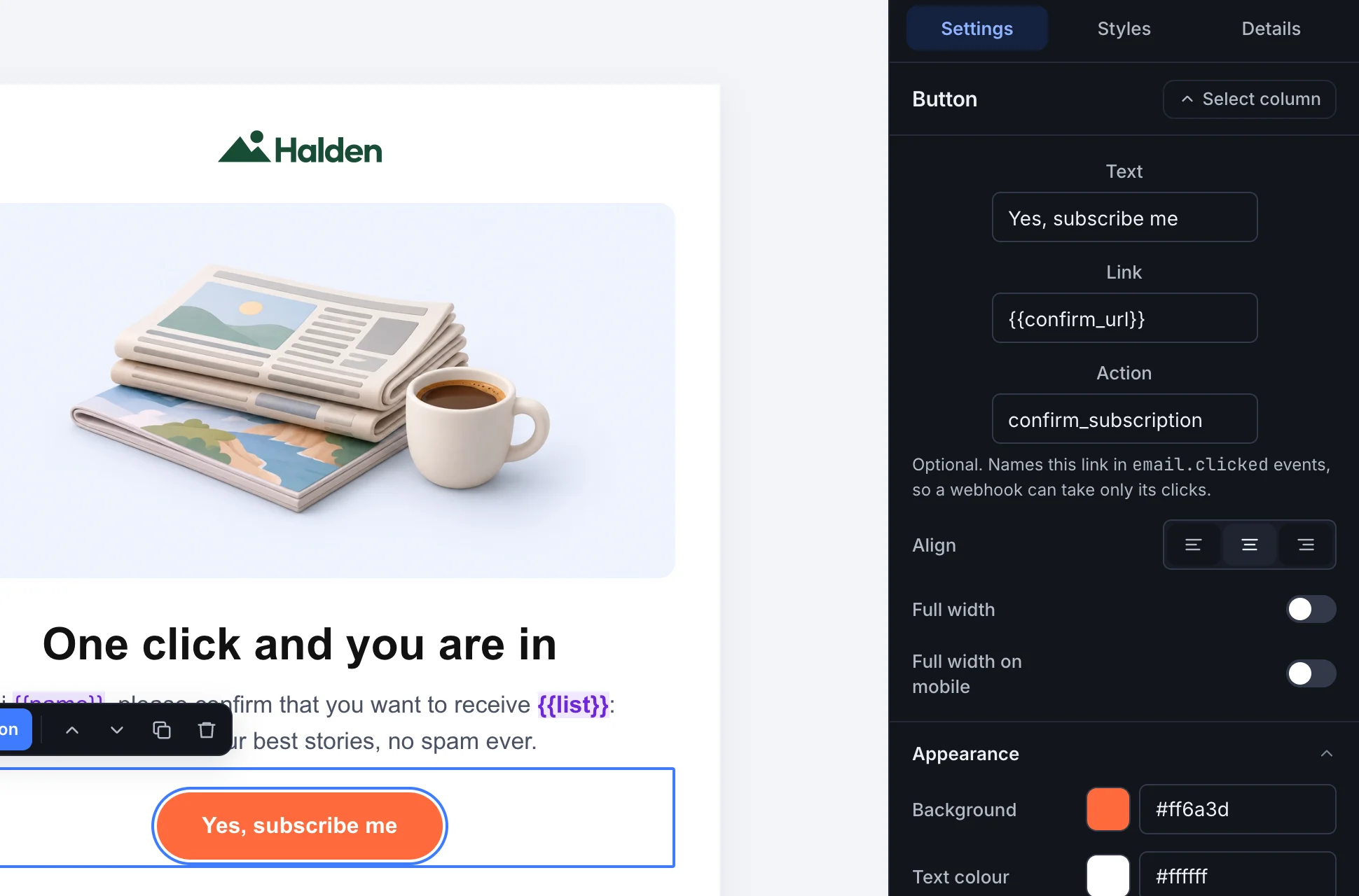 The ZapSMTP visual editor with Halden’s subscription confirmation email open and its “Yes, subscribe me” button selected.