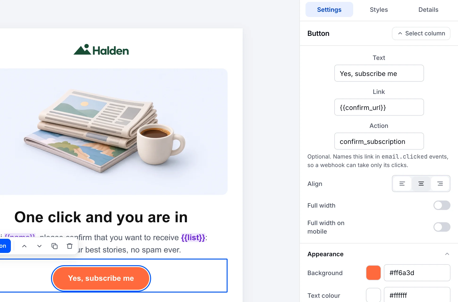 The ZapSMTP visual editor with Halden’s subscription confirmation email open and its “Yes, subscribe me” button selected.