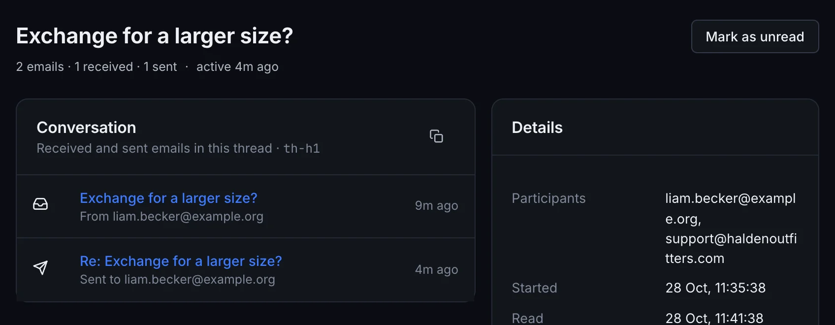 A conversation in ZapSMTP: Liam asks Halden support about exchanging his order, and the reply sent from the app.